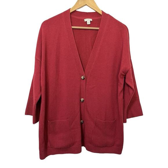 J Jill 3/4 Sleeve V Neck Button Cardigan Size L Burgundy Red Career Office - Picture 1 of 7
